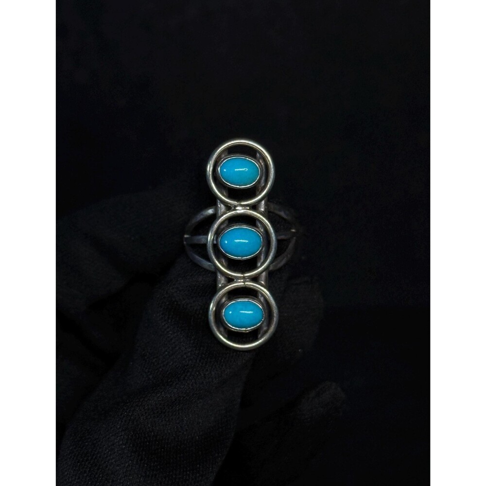 Running Bear Sterling Silver Three Turquoise Statement Ring Size 7